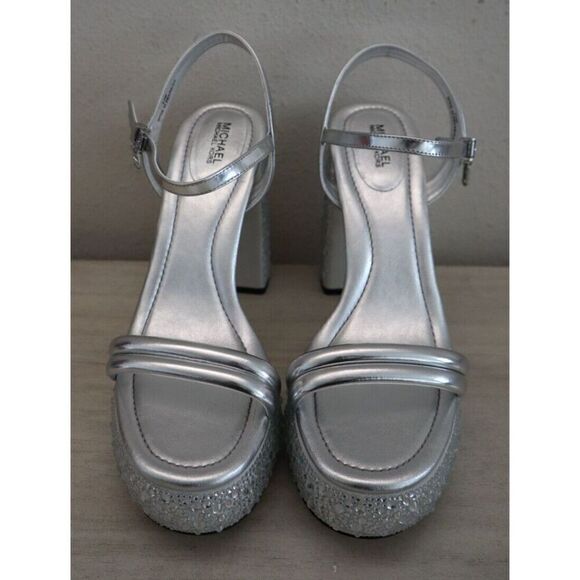 Michael Kors Women Sz 8.5M Silver Metallic Embellished Laci Platform Sandals - Picture 9 of 11